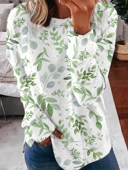

Crew Neck Casual Leaves Sweatershirt, Green, Tops