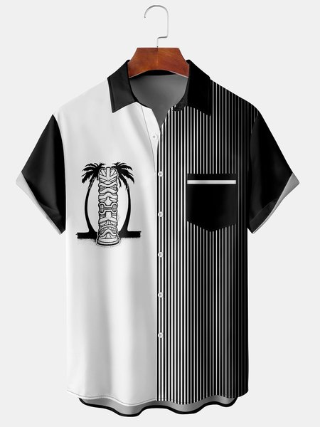 

Men's Casual Short Sleeve Chest Pocket Hawaiian Shirt, Black, Men's Floral shirt