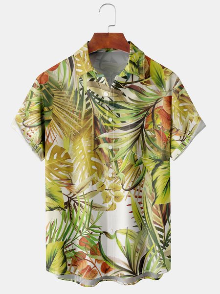 

Tropical Plant Graphic Men's Hawaiian Short Sleeve Chest Pocket Shirt, Yellow, Men's Floral shirt