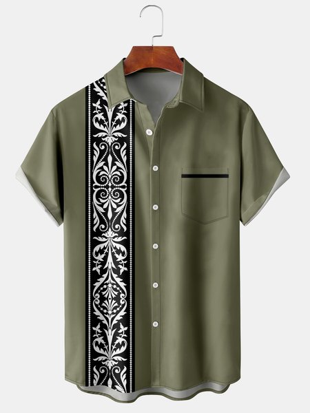 

Retro Pattern Men's Casual Short Sleeve Chest Pocket Hawaiian Shirt, Army green, Men's Floral shirt