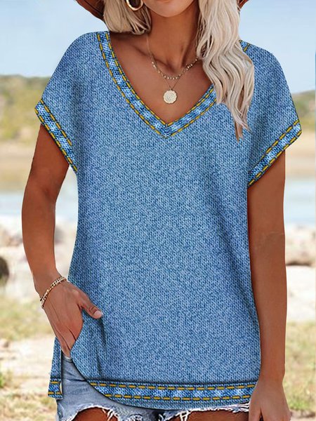 

Denim blue print top T-shirt plus size, T-Shirts