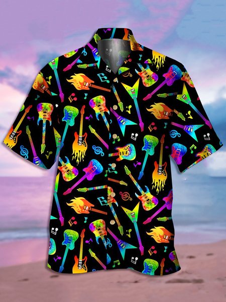 

Mens Rock Roll Guitar Print Casual Breathable Short Sleeve Aloha Shirt, Black, Men's Floral shirt