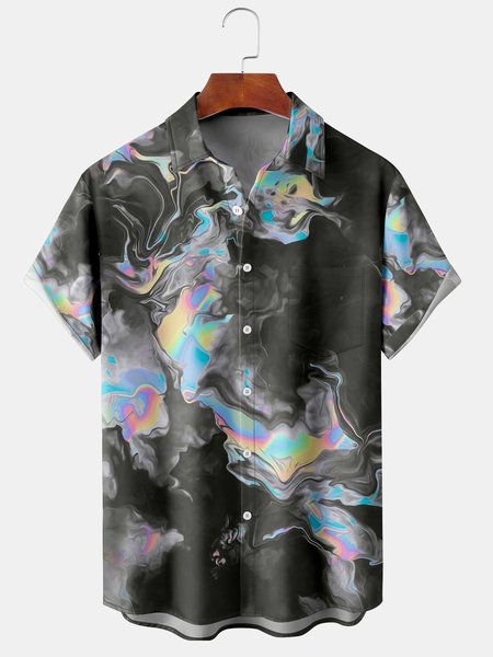 

Mens Tie Dye Print Lapel Chest Pocket Short Sleeve Hawaiian Shirts, Black, Men's Floral shirt