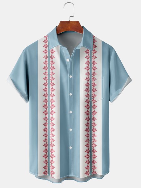

Mens Retro Geo Print Lapel Chest Pocket Short Sleeve Bowling Shirts, Blue, Men's Floral shirt