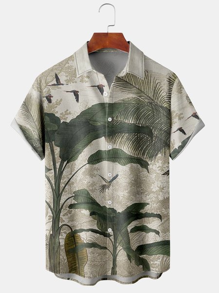 

Mens Retro Leaves Print Lapel Chest Pocket Short Sleeve Hawaiian Shirts, Khaki, Men's Floral shirt