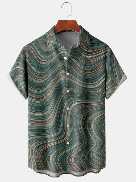 

Mens Retro Rock Wave Print Lapel Loose Chest Pocket Short Sleeve Funky Aloha Shirts, Green, Men's Floral shirt