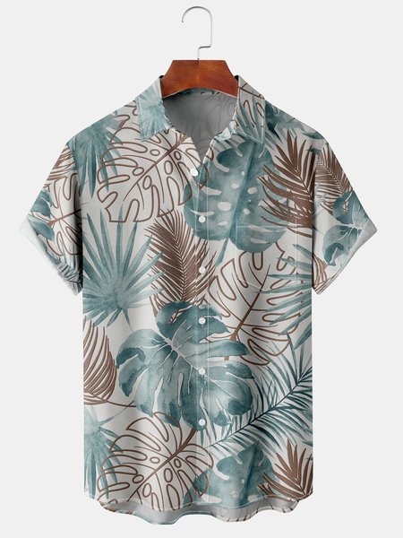 

Mens Funky Hawaiian Leaves Print Front Buttons Soft Breathable Chest Pocket Casual Aloha Shirts, Gray, Men's Floral shirt
