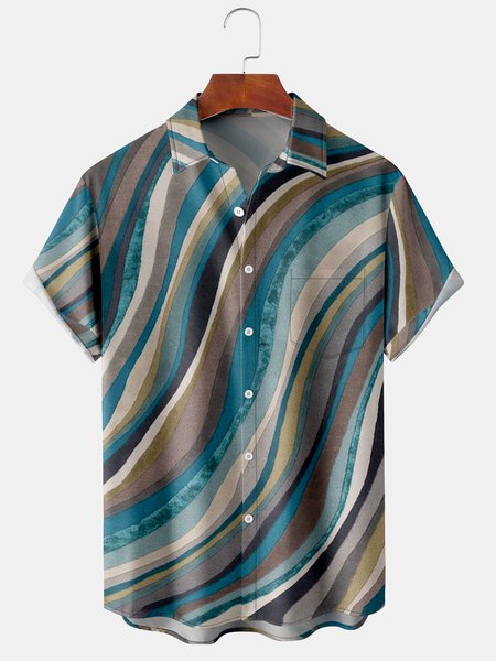 

Mens Retro Art Lines Print Lapel Loose Chest Pocket Short Sleeve Hawaiian Shirts, Blue, Men's Floral shirt