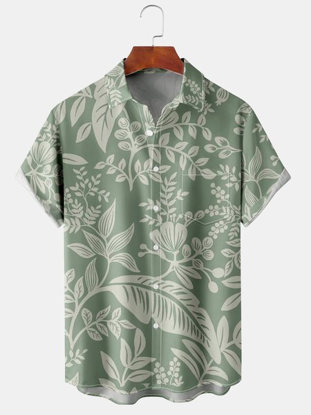 

Mens Hawaiian Leaves Print Front Buttons Soft Breathable Chest Pocket Casual Aloha Shirts, Green, Men's Floral shirt