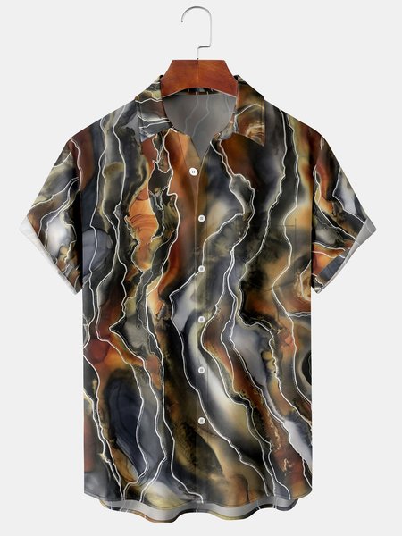 

Mens Retro Marble Print Lapel Chest Pocket Short Sleeve Hawaiian Shirts, Brown, Men's Floral shirt