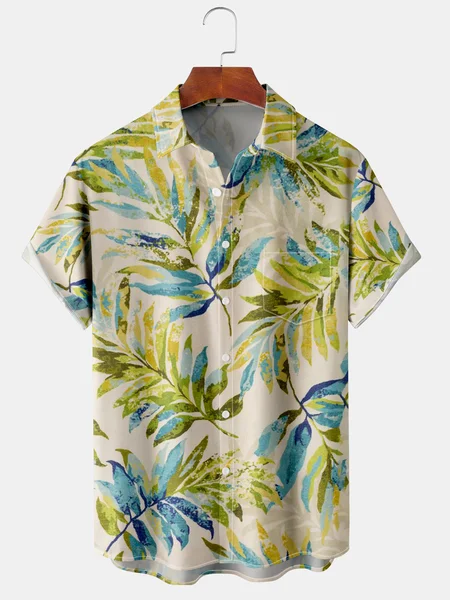

Mens Hawaiian Leaves Print Lapel Chest Pocket Short Sleeve Aloha Shirts, Yellow, Men's Floral shirt