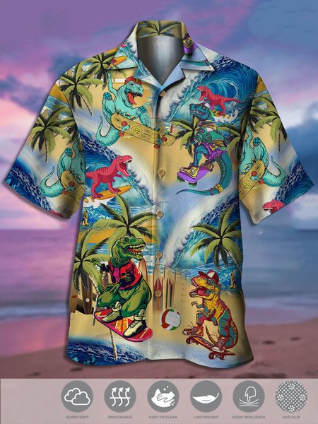 

Men's Dinosaur Print Moisture Wicking Fabric Fashion Hawaiian Collar Pocket Short Sleeve Shirt, Blue, Men's Floral shirt