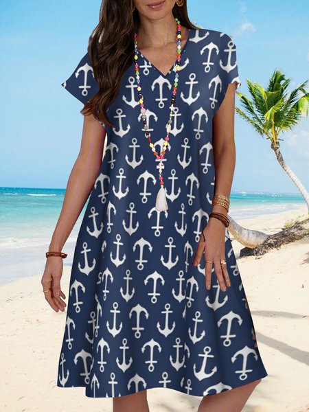 

Anchor print a swing short fake Dress Plus Size, Deep blue, Dresses