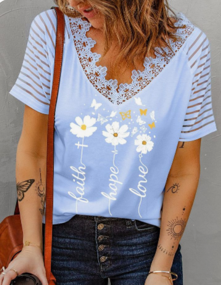 

Floral V Neck Casual Short Sleeve T-Shirt, Blue, T-Shirts