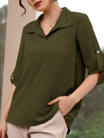 

Lapel Casual Loosen Mid Sleeve Blouse, Army green, Shirts & Blouses