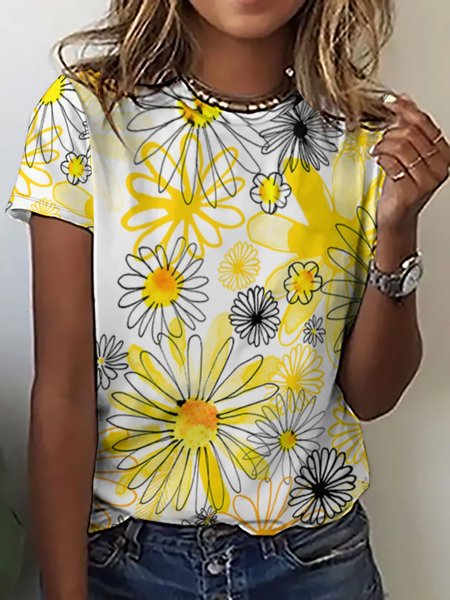 

Casual Simple Daisy Print Crew Neck T-Shirt, As picture, T-shirts