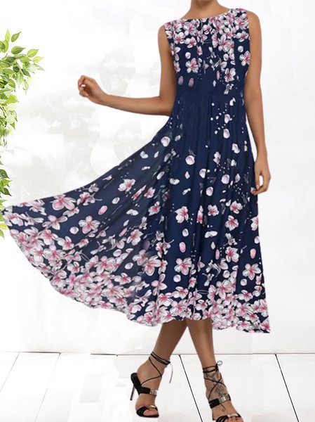 

Floral Vacation Sleeveless Knitting Dresses, Blue, Midi Dresses