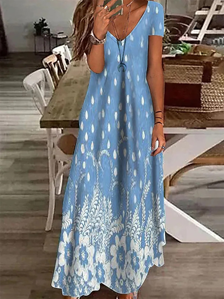 

JFN V Neck Floral Short Sleeve Casual Vacation Maxi Dress, Blue, Dresses