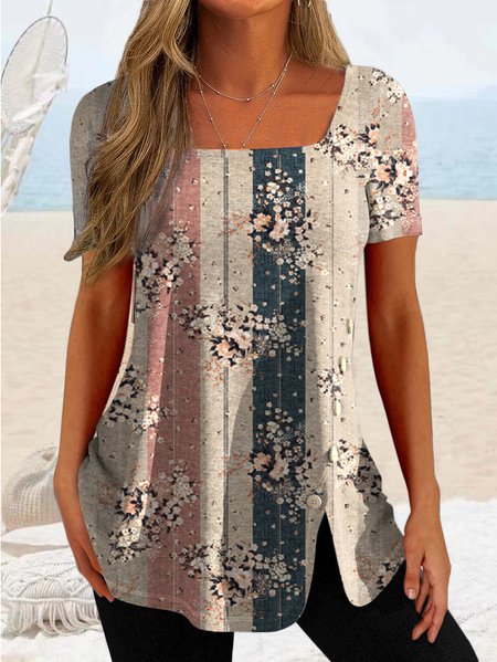 

Floral Vacation Square Neck Short Sleeve Tops, Multicolor, Shirts & Blouses