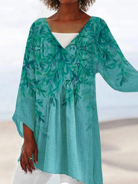 

Floral Regular Fit Vacation Long Sleeve Tops, Green, Shirts & Blouses