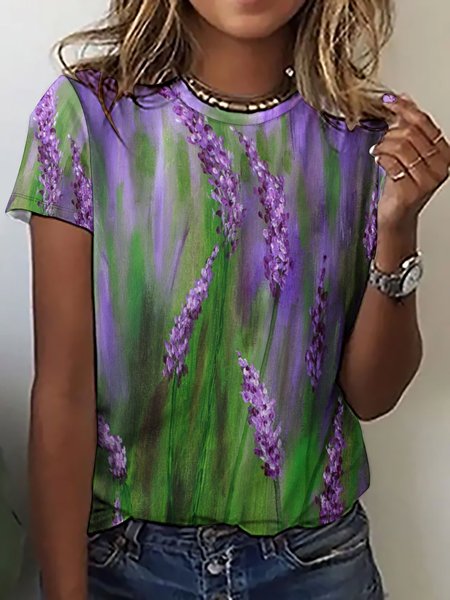 

Casual Abstract Lavender Print Crew Neck T-Shirt, As picture, T-shirts