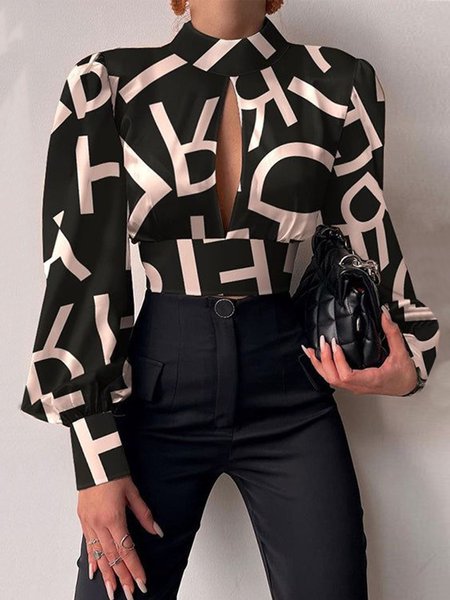 

Stand Collar Simple Regular Fit Long Sleeve Blouse, Black, Blouses and Shirts