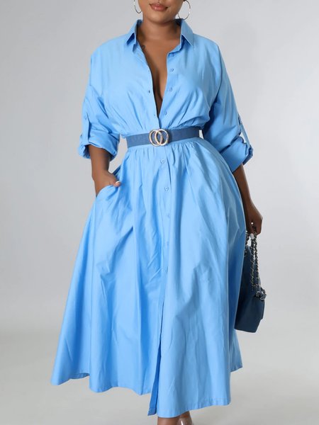 

Shirt Collar Midi Elegant Long Sleeve Woven Dress, Blue, Maxi Dresses