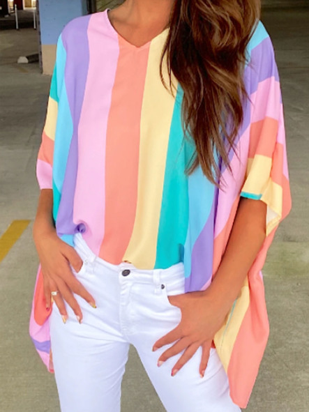 

Oversize Striped V Neck Short Sleeve Tops, Multicolor, Shirts & Blouses