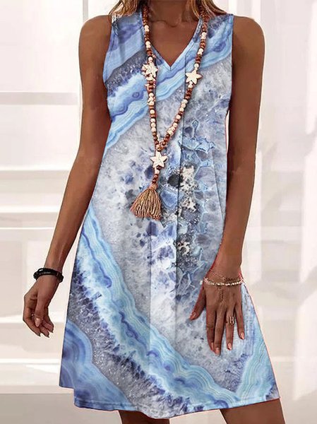 Abstract Regular Fit Sleeveless Woven Dresses, Blue, Dresses