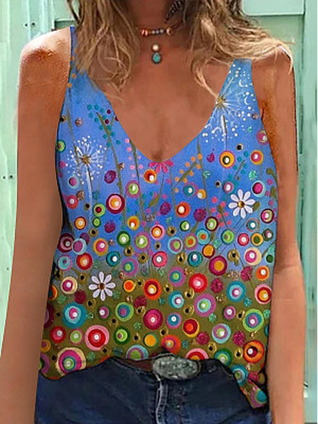 

Floral Vacation Jersey V Neck Knit Tank, Multicolor, Tanks & Camis