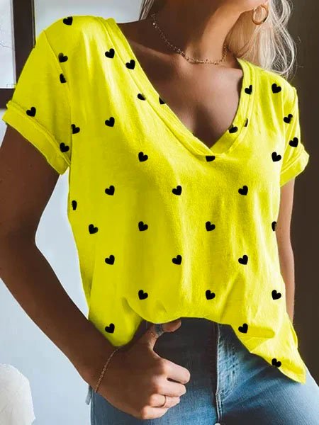 

V Neck Heart Short Sleeve T-Shirt, Yellow, Tees & T-shirts
