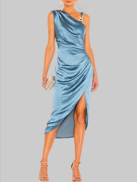 

Elegant Chain Plain Cold Shoulder Dress, Blue, Midi Dresses