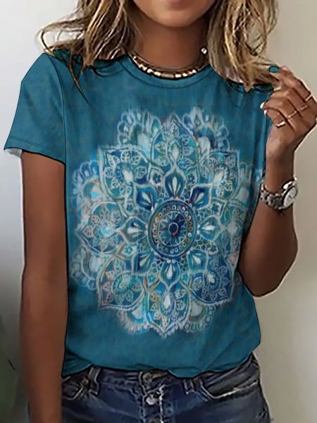 

Casual Vintage Mandala Print Crew Neck T-Shirt, Blue, T-shirts