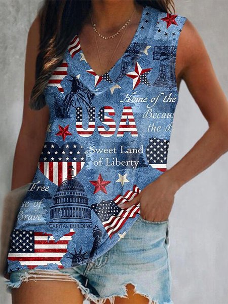 

Flag V Neck Casual Knit, Blue, Tanks & Camis