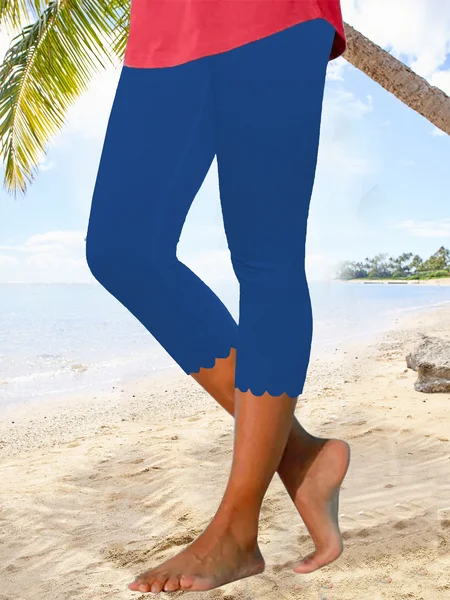 

Beach daily basic plain color patterned elastic waist high elastic burnt flower Pants, Royal blue, Leggings