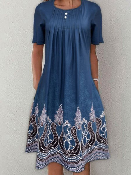 

Casual Buttoned Tribal Printed Short Sleeve Woven Dress, Blue, Dresses