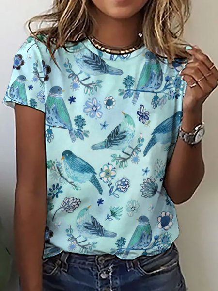 

Art Floral Birds Loosen Short Sleeve T-Shirt, Green, T-shirts