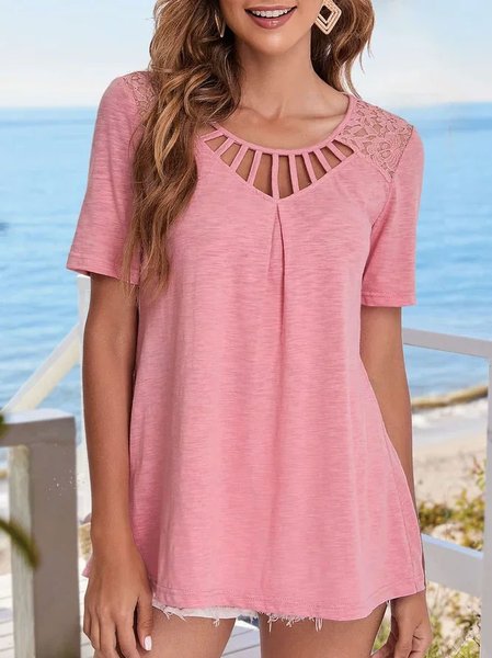 

Basic simple hollow out lace top T-shirt plus size, Pink, Tunics