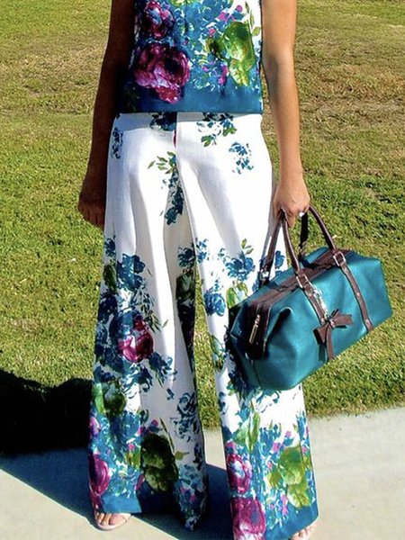 

Floral Vacation Regular Fit Pants, Multicolor, Wide Leg Pants