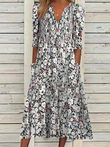 

Women's Floral V neck Casual Half sleeve Dress, Multicolor, Midi