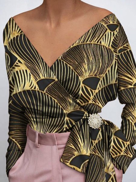 

Regular Fit Elegant Abstract Long Sleeve Top, Black, Tops