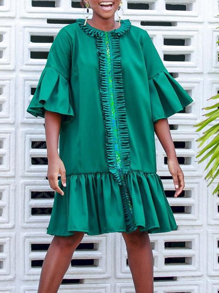 

Vacation Half Short Sleeve Flouncing Dress, Green, Midi Dresses