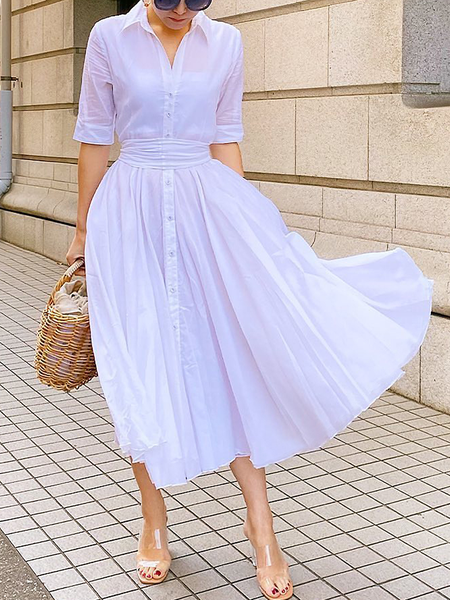 

Summer Lightweight Plain Elegant Short Sleeve Woven Daily Fit and FlareX Dress, White, Maxi Dresses