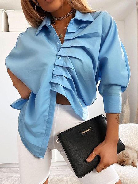 

Shirt Collar Solid Simple Three Quarter Blouse, Blue, Blouses and Shirts