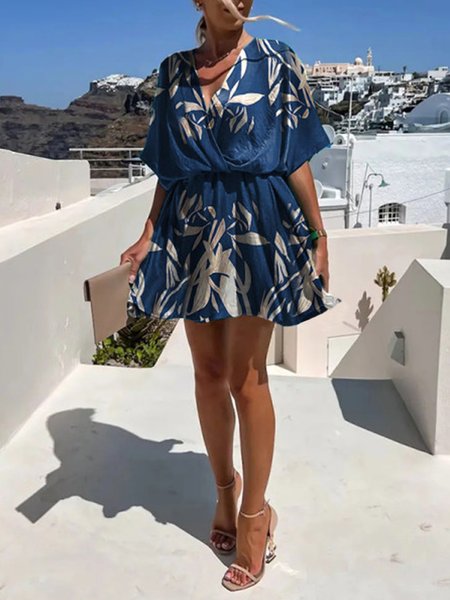 

Floral Vacation Regular Fit Short Sleeve Woven Dress, Blue, Mini Dresses