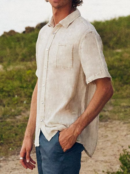 

Shirt Collar Casual Short Sleeve Short Sleeve Shirt, Beige, Shirts ＆ Blouse