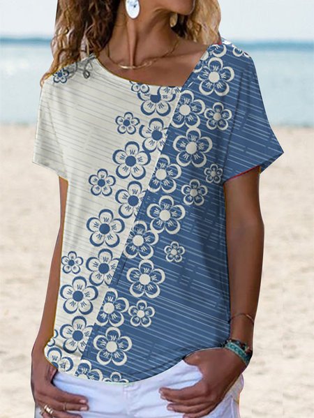 Casual Faux Denim Floral Contrast Panel Short Sleeve T-Shirt, Blue, T-Shirts
