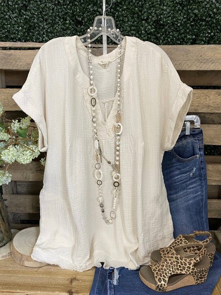 

JFN V Neck Cotton Leprosy Plain Plus Size T-shirt/Tee, Apricot, Shirts & Blouses