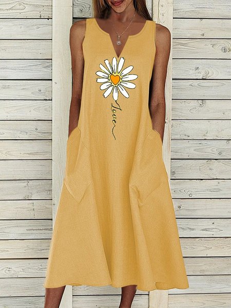 

Floral V Neck Elegant Sleeveless Woven Dresses, Yellow, Midi Dresses