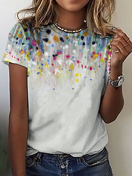 

Casual Abstract Gradient Print Crew Neck T-Shirt, As picture, T-shirts